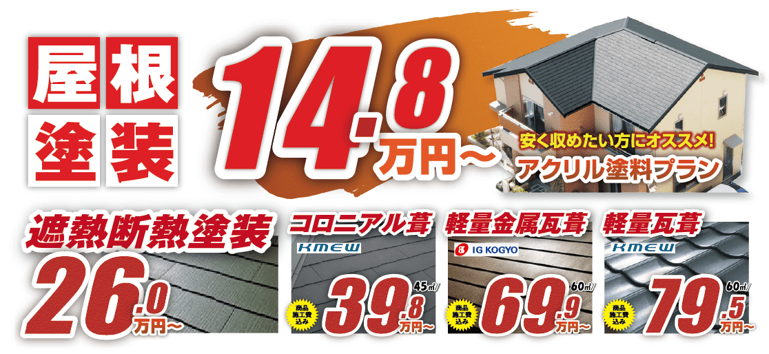 屋根塗装 14.8万円から！遮熱断熱やコロニアル葺、軽量金属瓦葺、軽量瓦葺などのあります！