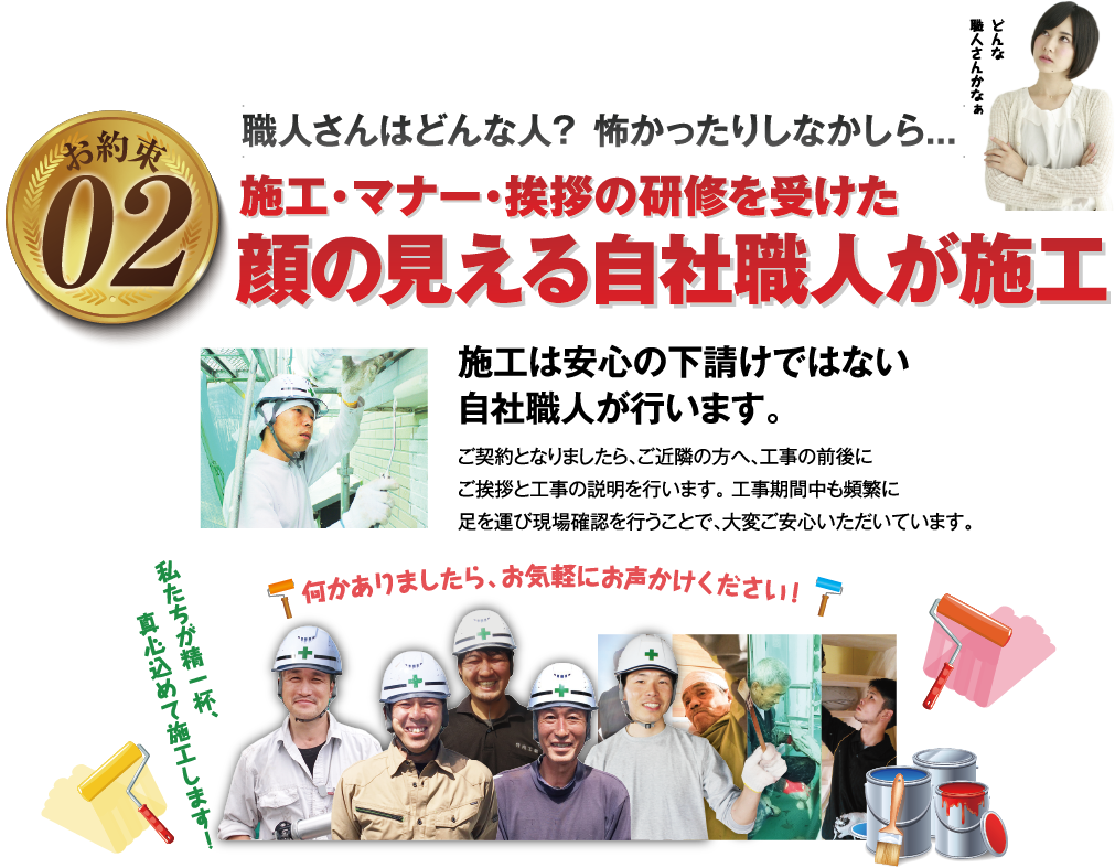 施工・マナー・挨拶の研修を受けた、顔の見える自社職人が施工