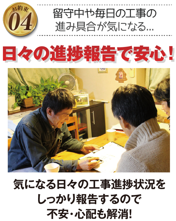 工事前・工事中・工事後もしっかりと報告！日々の進捗報告で安心！